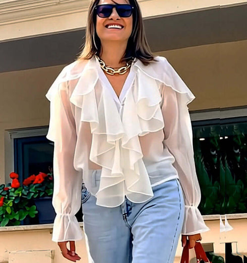 White organza blouse with ruffles, romantic feminine design, perfect for elegant casual style.