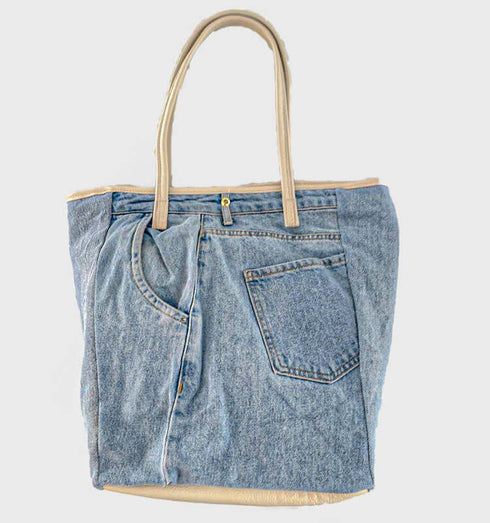 תיק ג'ינס בהיר משולב עם עור מובחר בגוון שמנת - MIKAI