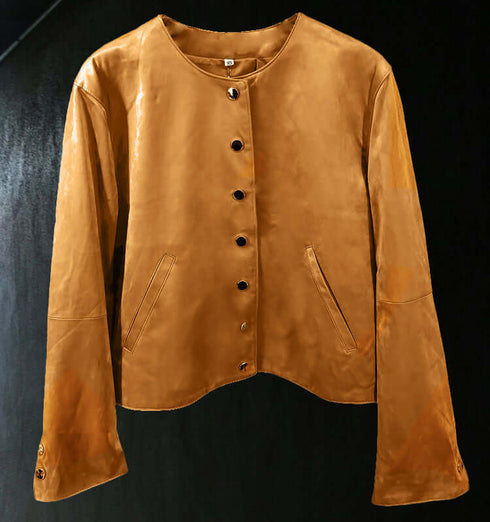 ג'אקט קטיפה דמוי ז'מש חתיכי עם כיסים בגוון כאמל - MIKAI