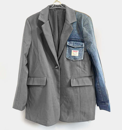 ג'אקט אלגנט בגוון אפור משולב עם שרוול ג'ינס - MIKAI