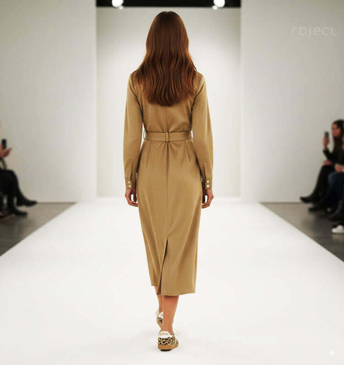 שמלה מכופתרת מבד דמוי ז'אמש בגוון בז', עם שרוולים ארוכים, מראה מודרני לאירועים.