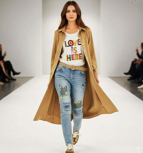 צעירה קטנה בשמלה מכופתרת נפתחת עם טי שירט צבעונית ומכנסיים ג'ינס קרועים בתצוגת אופנה.