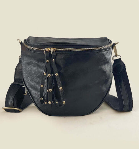Shiny black Italian leather pouch with matching strap, featuring zippered closure and decorative tassels.