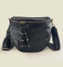 Shiny black Italian leather pouch with matching strap, featuring zippered closure and decorative tassels.