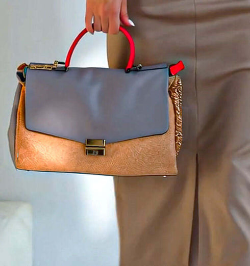 Stylish Italian two-tone handbag in gray and beige with colorful accents, perfect for daily use and special events.