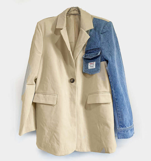 ג'אקט אלגנט בגוון שמנת משולב עם שרוול ג'ינס - MIKAI