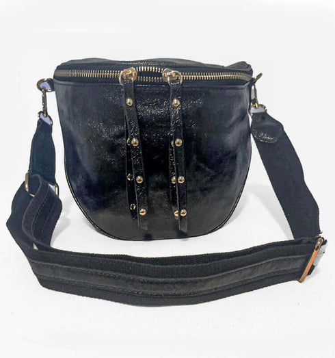 פאוץ' עור איטלקי שחור נוצץ עם רצועה תואמת - MIKAI