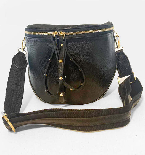 פאוץ' עור איטלקי שחור עם רצועה תואמת - MIKAI