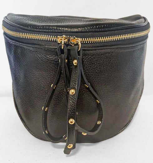 פאוץ' עור איטלקי שחור עם רצועה תואמת - MIKAI