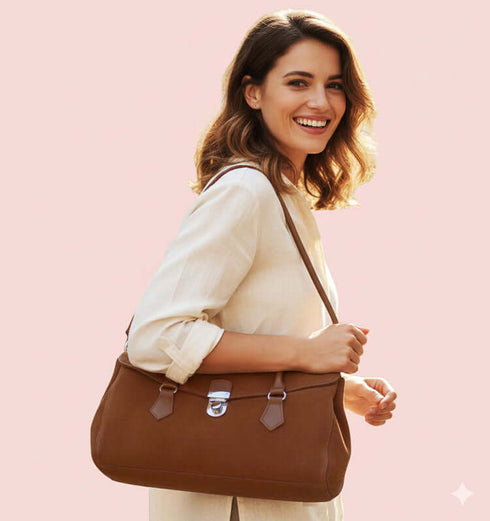 אישה מחזיקה תיק מעצבים חום מעור ז'אמש מובחר, אבזם סגירה כסוף ורצועות תליה ארוכות.