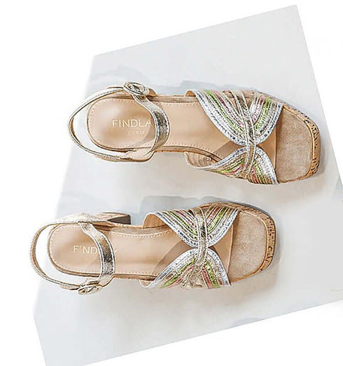 סנדל עקב גבוה בגוון מוזהב עם סוליית שעם - MIKAI