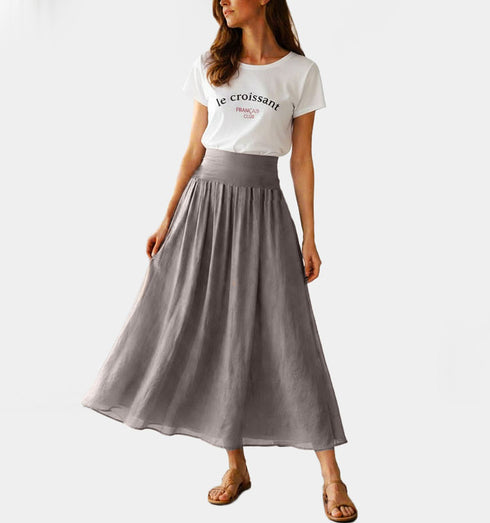 חצאית שיפון אפורה עם בטנת לייקרה ורצועת כותנת גומי למותניים