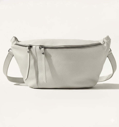 פאוץ' לבן מעור איטלקי - פאוץ' אופנתי גדול לתליה על המותן או הכתף