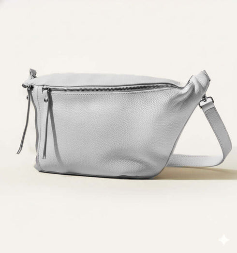 פאוץ' לבן מעור איטלקי - פאוץ' אופנתי גדול לתליה על המותן או הכתף