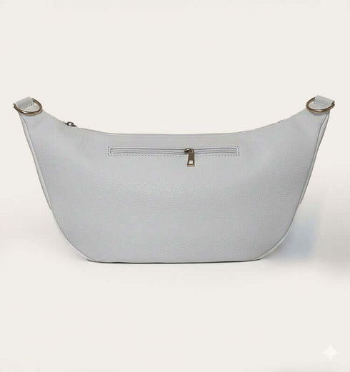 פאוץ' לבן מעור איטלקי - פאוץ' אופנתי גדול לתליה על המותן או הכתף