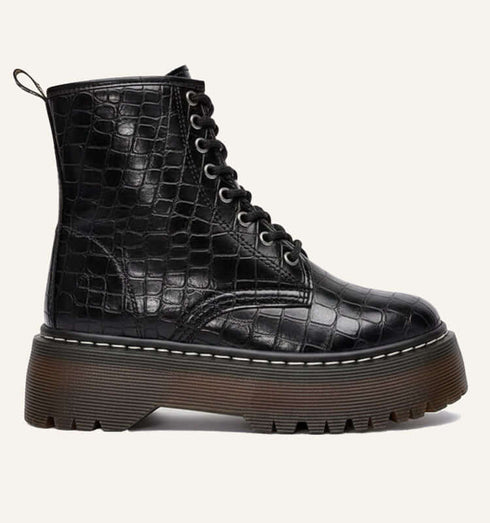 מגפון קרוקו שרוכים שחור עם סוליה גבוהה ורוכסן צידי