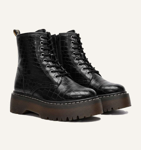 מגפון קרוקו שרוכים שחור עם סוליה גבוהה ורוכסן צידי