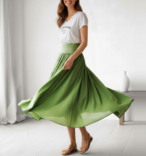 חצאית שיפון ירוקה עם בטנת לייקרה ורצועת כותנת גומי למותניים