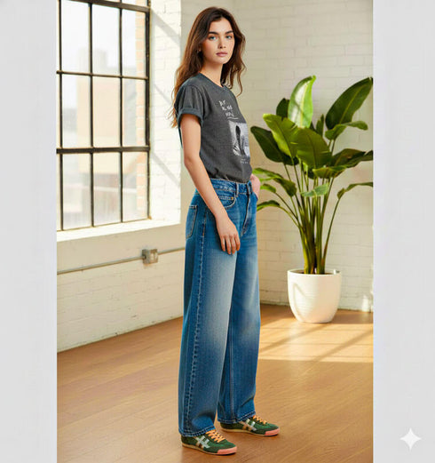 ג'ינס משופשף בגזרת בויפרנד גבוהה, רחב ונוח במראה אופנתי עם טישרט שחובה.