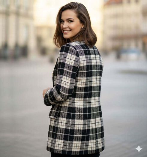 ג'אקט כותנת צמר טרנדי במשקל קל, בגווני שחור ואפור, לצד צווארון עור ועם קישוט מוזהב בדש המעיל.