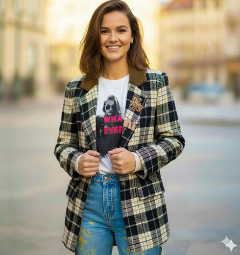 ג'אקט כותנת צמר טרנדי משובץ, צווארון עור ודש מעוטר, מתאים לאירועים יומיומיים.