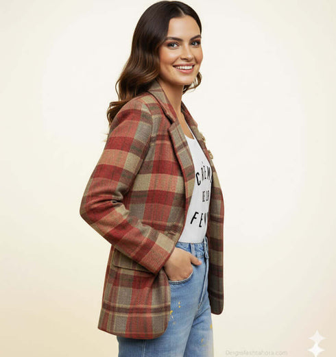 ג'אקט כותנת צמר טרנדי בגווני אדום חם משובץ, מראה אלגנטי ויומיומי.