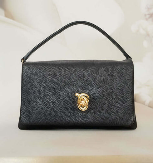 תיק צד שלושה תאים מעור שחור מעולה עם חפת זהב, עיצוב מודרני ואלגנטי.