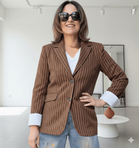 ג'אקט פסים אופנתי בגוון חום עם קיפול כותנה לבן בשולי השרוולים והגזרה המחמיאה