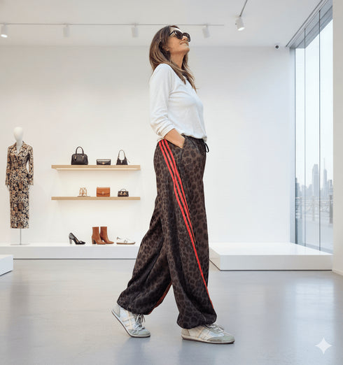 מיכנס מיקרופייבר רחב בגוון מנומר עם פסים אדומים, ספורט-אלגנטי ונוח לאירועים יומיומיים.