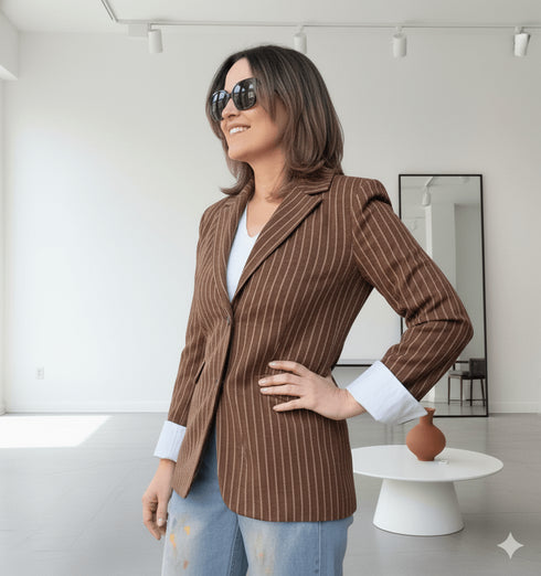 אישה לובשת ג'אקט פסים אופנתי בגוון חום עם תוספת קיפול כותנה לבן בשולי השרוולים.