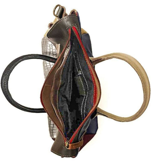 תיק עור כסף\חום - תיק מעצבים מעור איטלקי מובחר עם רצועה לכתף - MIKAI