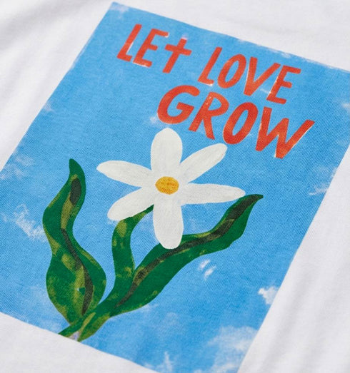 טישרט כותנה לבנה צווארון וי, הדפס אהבה מלפנים ומאחור