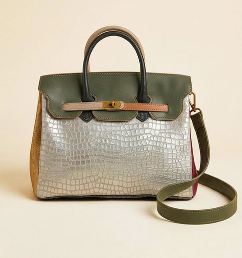 תיק עור כסף\חום - תיק מעצבים מעור איטלקי מובחר עם רצועה לכתף - MIKAI