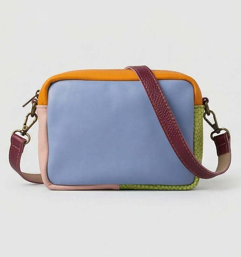 תיק צד מעור נפה בגווני תכלת, כתום ועוד. עם רצועת כתף סגולה תואמת