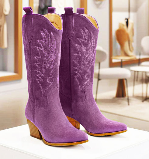 מגף בוקרים רקום סגול - מגפיים אופנתיים מז'אמש קטיפתי עם רקמה בלבןם