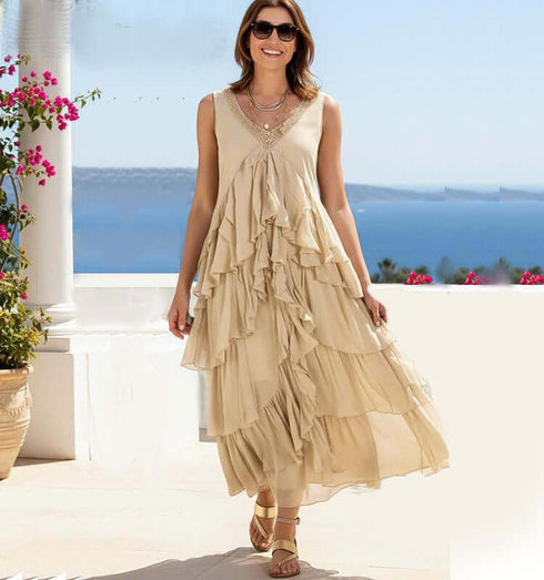 שמלת כתפיות ארוכה בגוון בז' שמנת משיפון משי קליל