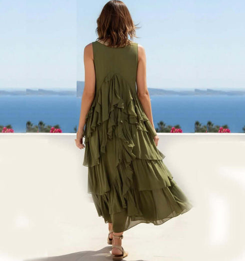 שמלת כתפיות ארוכה מבד שיפון משי בגוון ירוק זית