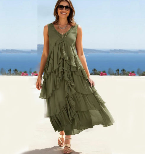 שמלת כתפיות ארוכה מבד שיפון משי בגוון ירוק זית