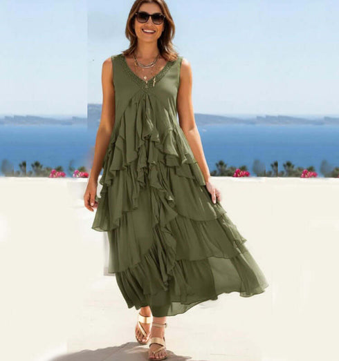 שמלת כתפיות ארוכה מבד שיפון משי בגוון ירוק זית