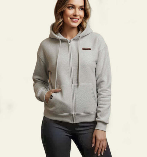 קרדיגן פוטר בגוון אפור, עם כיסים וכובע, מראה נעים וחמים, אידיאלי ליום קריר.