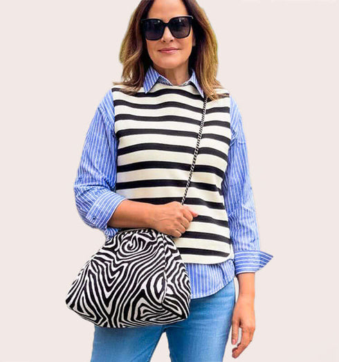 וסט מצמר כותנה, עם צווארון חצי גולף, פסי שחור לבן, לוק אלגנטי ונוח