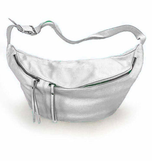 פאוץ' לבן עור איטלקי - פאוץ' אופנתי גדול לתליה על המותן או הכתף - MIKAI