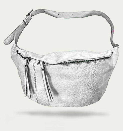 פאוץ' לבן עור איטלקי - פאוץ' אופנתי גדול לתליה על המותן או הכתף - MIKAI