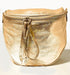 Gold Italian leather pouch bag with matching strap, featuring a shiny metallic finish and zip closure.