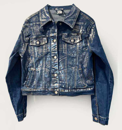 ג'אקט ג'ינס מוכסף - ג'אקט ג'ינס ווינטג' חתיכי מצופה בגוון כסוף עם לייקרה - MIKAI
