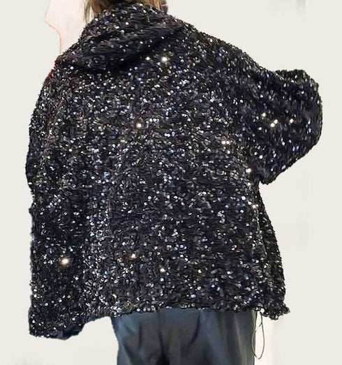 קפוצ'ון קטיפה פייטים שחור - MIKAI