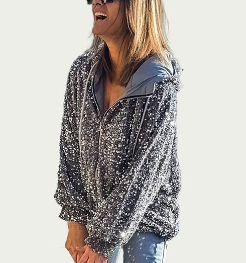 קפוצ'ון קטיפה פייטים אפור - ג'אקט מקטיפה ומפייטים נוצצים בגוון אפור עם קפוצ׳ון - MIKAI