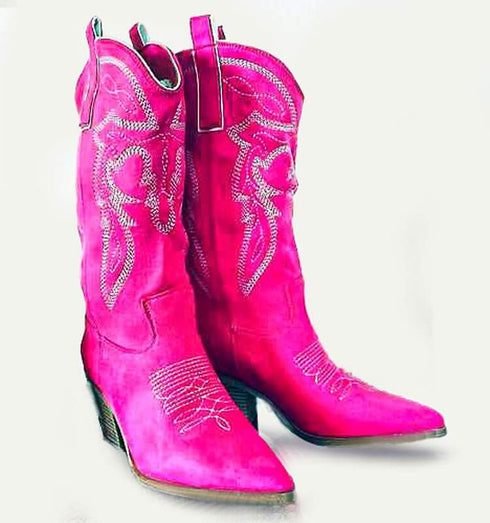 מגף בוקרים רקום פוקסיה - מגפיים אופנתיים מז'אמש קטיפתי עם רקמה בלבן - MIKAI