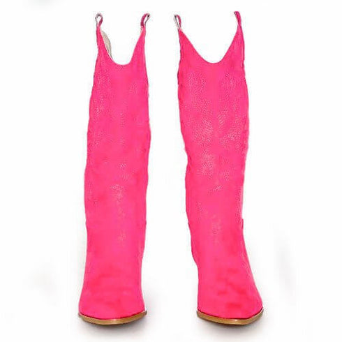 מגף בוקרים רקום ורוד פוקסיה - מגפיים מז'אמש קטיפתי עם רקמה בלבן - MIKAI