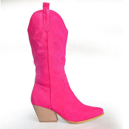 מגף בוקרים רקום ורוד פוקסיה - מגפיים מז'אמש קטיפתי עם רקמה בלבן - MIKAI